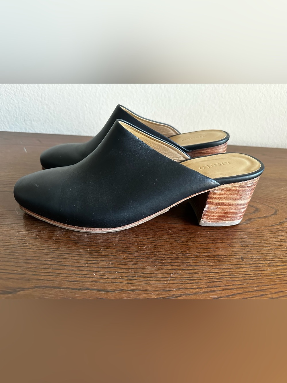 Nisolo Black Leather Mule Heels with Stacked Wood Heel size 10